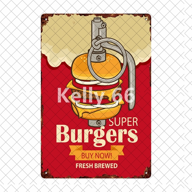 Kaas eten hamburgers en friet bbq metalen tin retro poster metalen bord café keuken restaurant huisdecor muur kunst schilderij 30x20cm w03