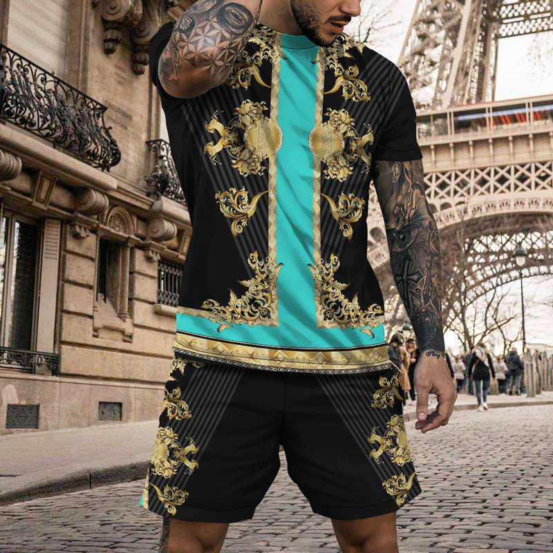 Tracksuits voor heren zomer heren pak goud patroon print t-shirt shorts 2-delige set prestige en elegante casual kleding high street barok shirt w0329