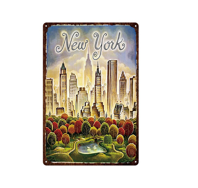 Vintage City Landscape Art Painting Metal Tin Signs Retro City Poster Decor de parede Decoração de barra de bar de barra de decoração 30x20cm W03