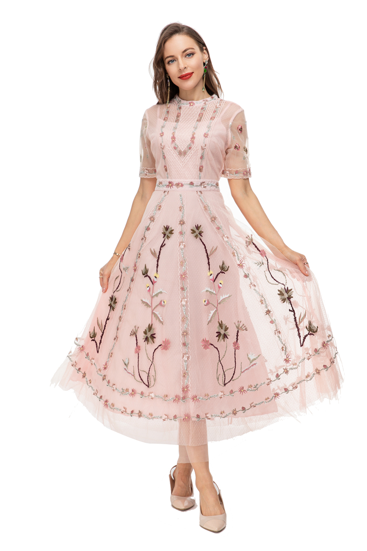 Women's Runway Dresses O Neck Short Sleeves Embroidery Floral Elegant Designer Party Prom Gown