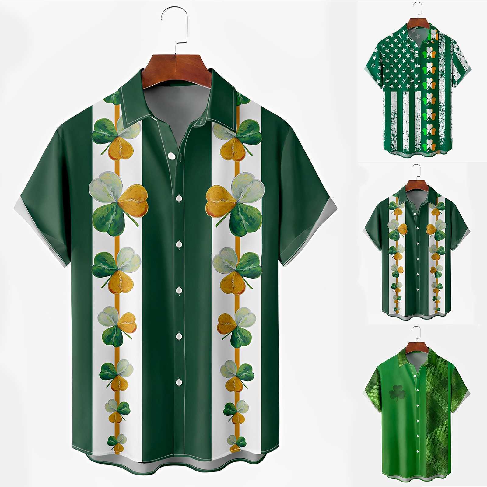 Men's Casual Shirts Irish Shamrock Shirt Vacation St Patricks Day Casual Shirts Blouses Short-sleeved Stylish Oversized Shirts W0328