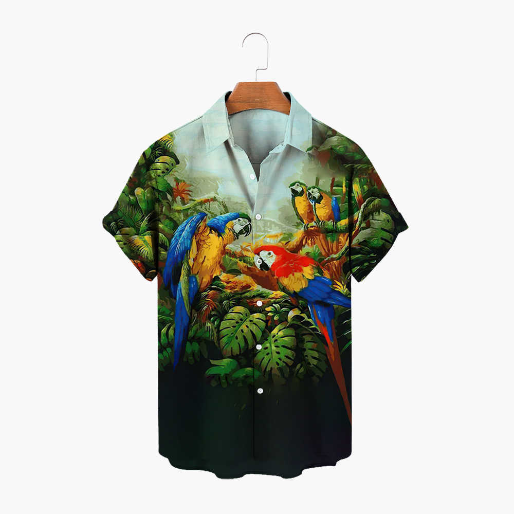 Camisas casuais masculinas 2022 Summer de grandes dimensões Manga curta Manga curta Camisa havaiana de colarinho aberto Button Animal Parrot Print Fashion Beach Top W0328