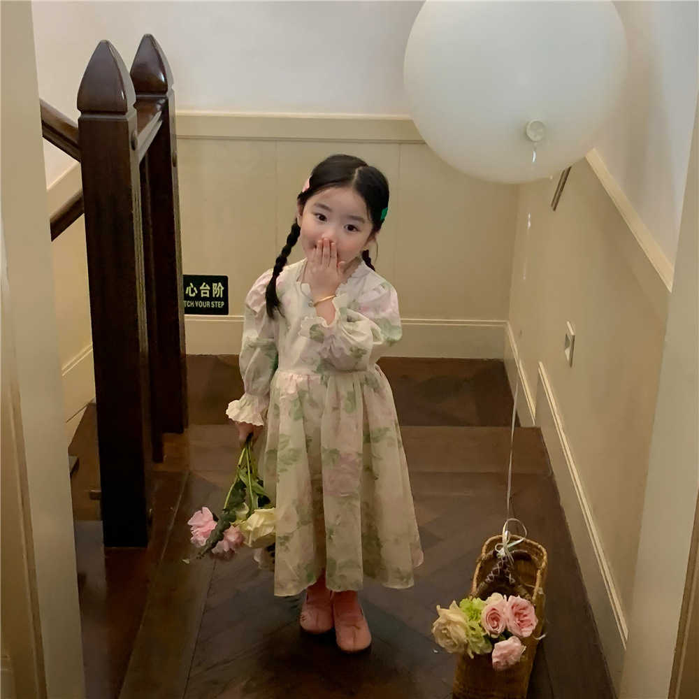 Girl's Dresses Spring and Autumn New Fashion Girls Kids Dresses Flowers Long-sleeved Princess Dresses Fashion Skirts Boutique Clothing