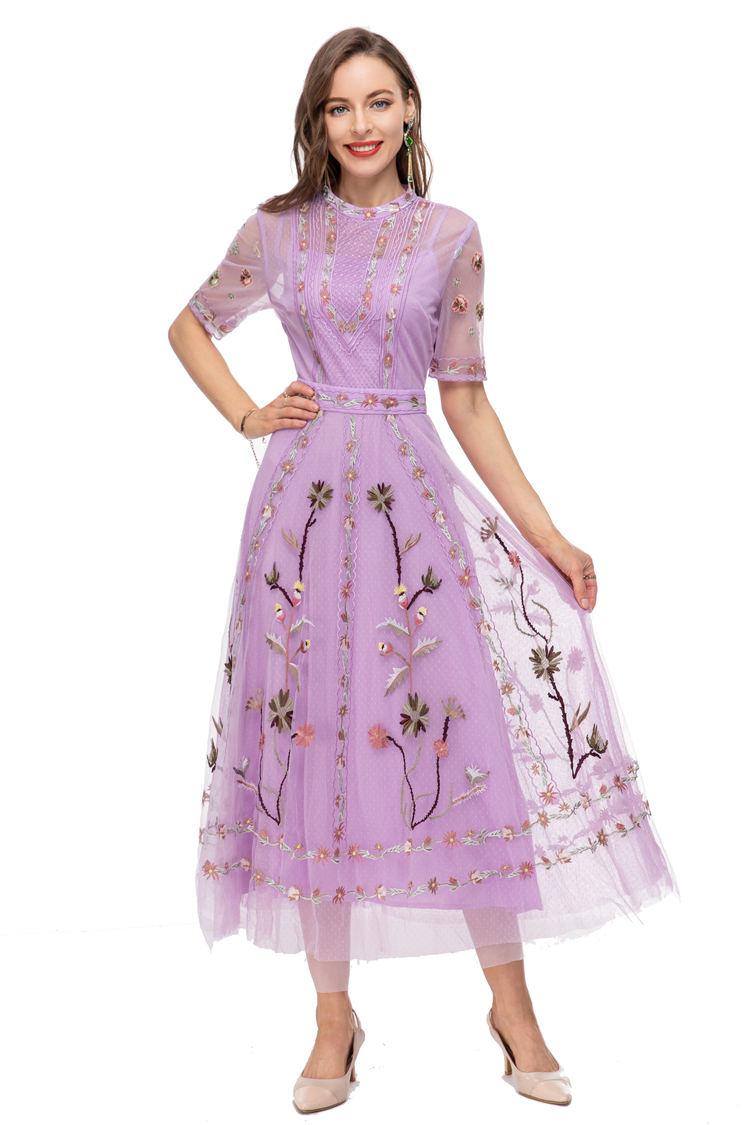 Women's Runway Dresses O Neck Short Sleeves Embroidery Floral Elegant Designer Party Prom Gown