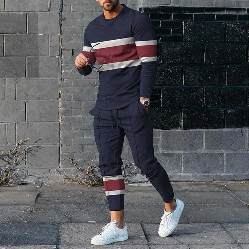 Tracksuits voor heren Men Fashion Nieuwe T-shirt Set Patchwork Long-mouw Casual Sportswear broek Outfit 2-delige extra grote man Spring herfst Tracksuit W0328