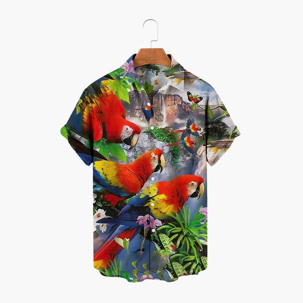 Camisas casuais masculinas 2022 Summer de grandes dimensões Manga curta Manga curta Camisa havaiana de colarinho aberto Button Animal Parrot Print Fashion Beach Top W0328