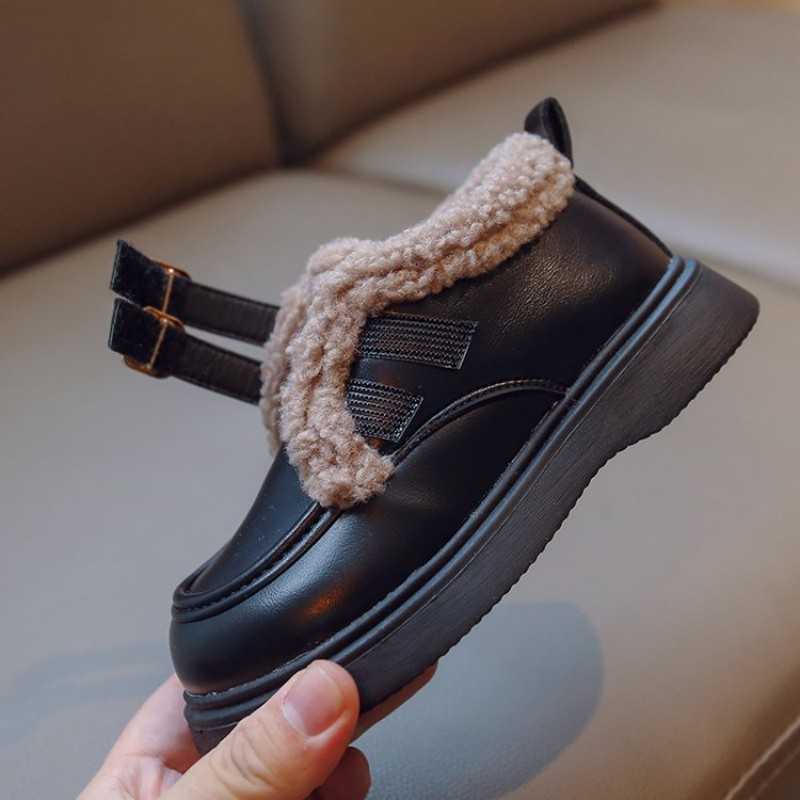 Athletic Outdoor Girls Small Leather Shoes Winter New Boys Waterproof British Style Girls Bean Shoes Warm Cotton Shoes Chaussure Enfant Fille W0329