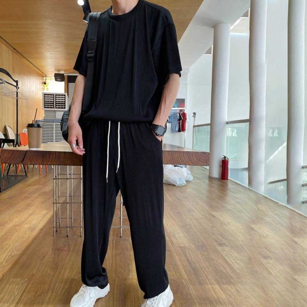 Herrspår 2022 Summer Tracksuit sätter män outfit Solid Ice Silk Draped Short Sleeve Tops Long Pant Loose Tracksuit Casual Suits Ropa Hombre W0329