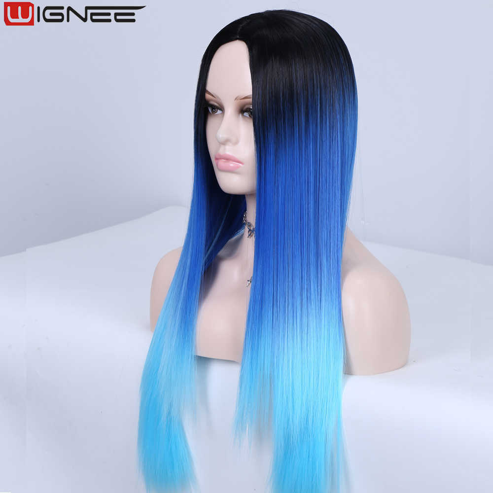 Synthetic Wigs Wignee Straight Wig Syntheic Long Heat Resistant Hair Middle Part Black Blue s for Women Cosplay Pink Purple Ombre 230227