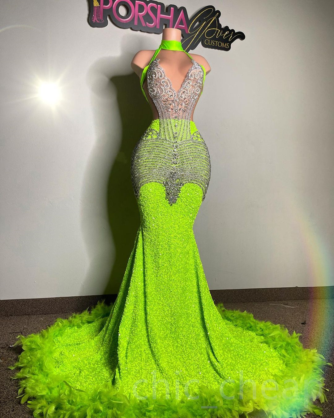 2023 Arabic Aso Ebi Green Mermaid Prom Dress Crystals Beaded Feather Evening Formal Party Second Reception Birthday Engagement Gowns Dresses Robe De Soiree
