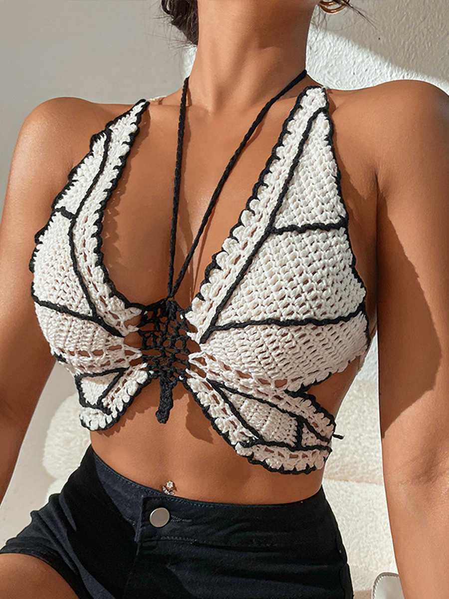 Women's Tanks Camis Women Bikini Tops Contrast Color Sleeveless Bandage Backless Knit Crochet Butterfly Swimsuits Tops Beachwear new P230328