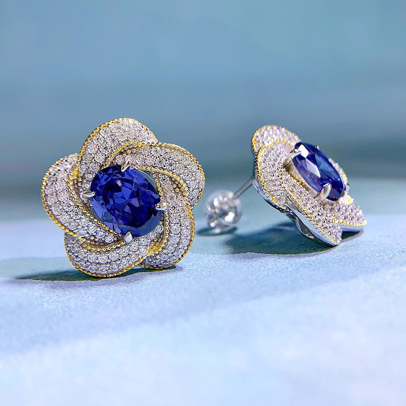 Flower Sapphire Diamond Stud Earring 100% Real 925 sterling silver Promise Wedding Earrings for Women Bridal Party Jewelry