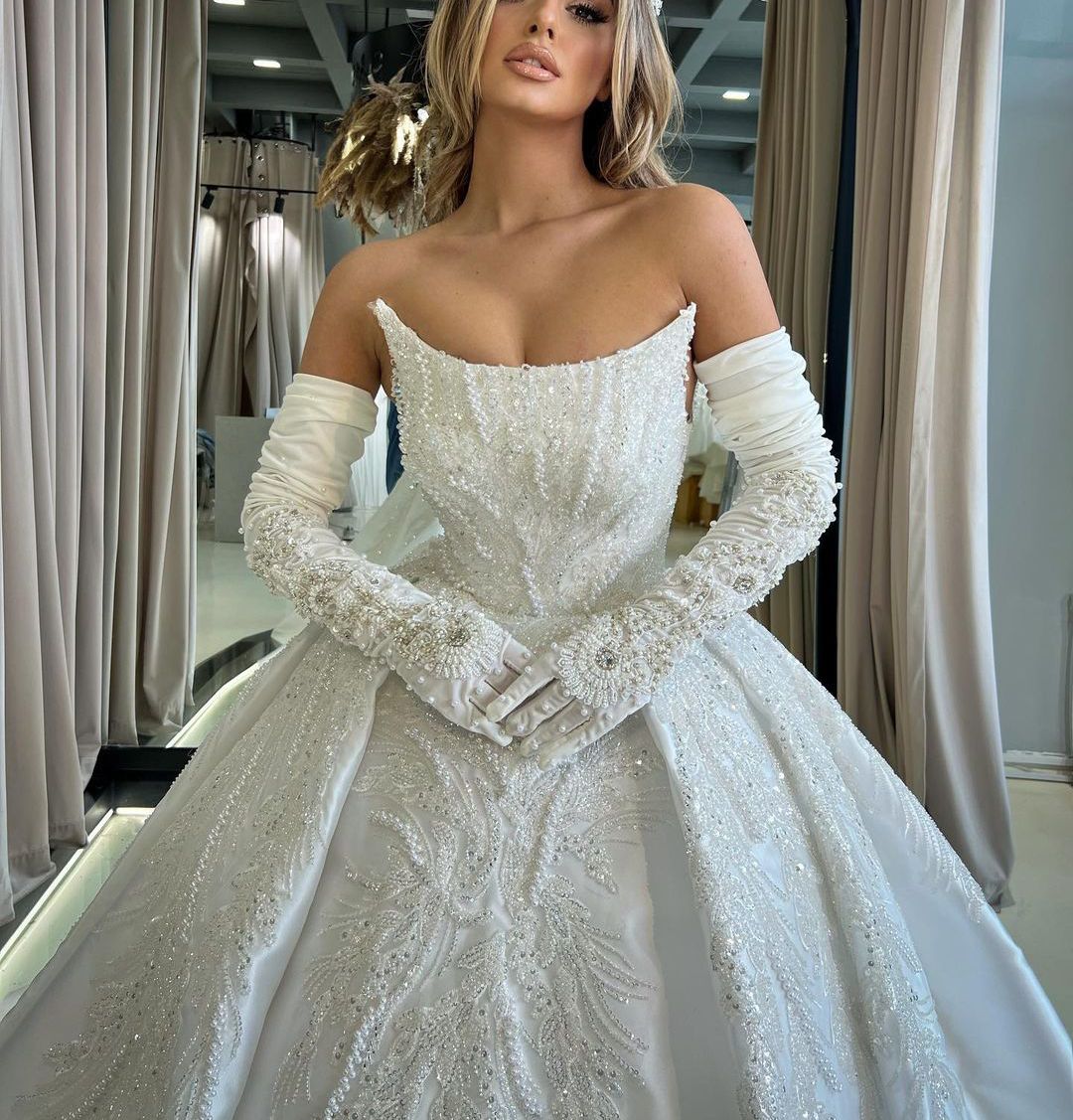 Robe de mariée de luxe, manches longues, bateau, paillettes, appliques, volants, perles, robes de mariée, diamants, robe formelle, grande taille, sur mesure