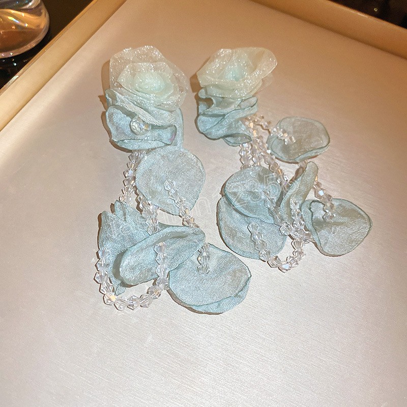 Srebrna igła organza kwiat kryształowy mąki kobiety nurkowania kolczyki słodkie kolczyki projektowe moda osobowość żeńska biżuteria imprezowa
