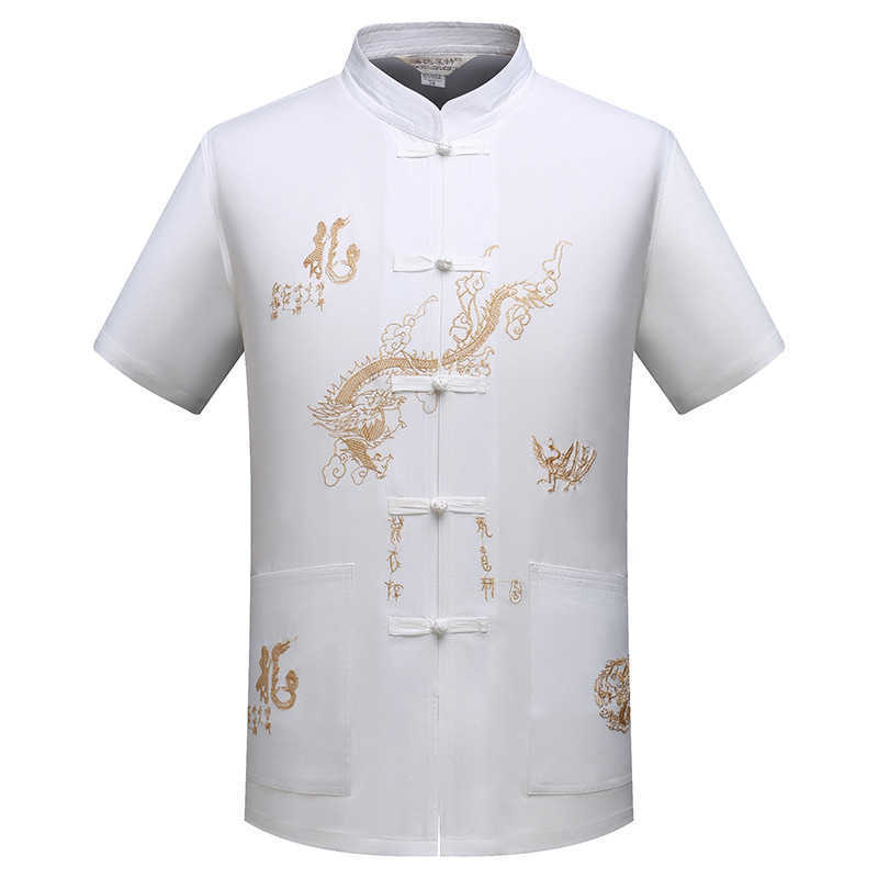 Chemises décontractées pour hommes chinois traditionnel Tang vêtements haut col mandarin Kung Fu Wing Chun vêtement haut à manches courtes broderie Dragon chemise M-XXXL W0328