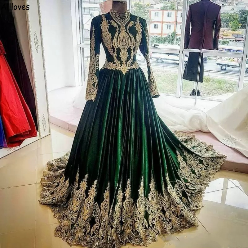 Marocchino Dubai Arabo Abaya Abiti da sera con maniche lunghe Applique in pizzo verde scuro Collo alto Musulmano Prom Abiti da festa Maternità Secondo ricevimento Abito CL2101