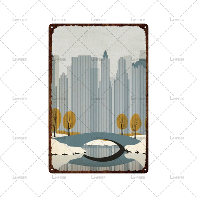 Rétro ville paysage art peinture métal signe dessin animé style stickers muraux célèbre ville paysage art plaque pour club homme grotte décor à la maison plaque 30 x 20 cm W03