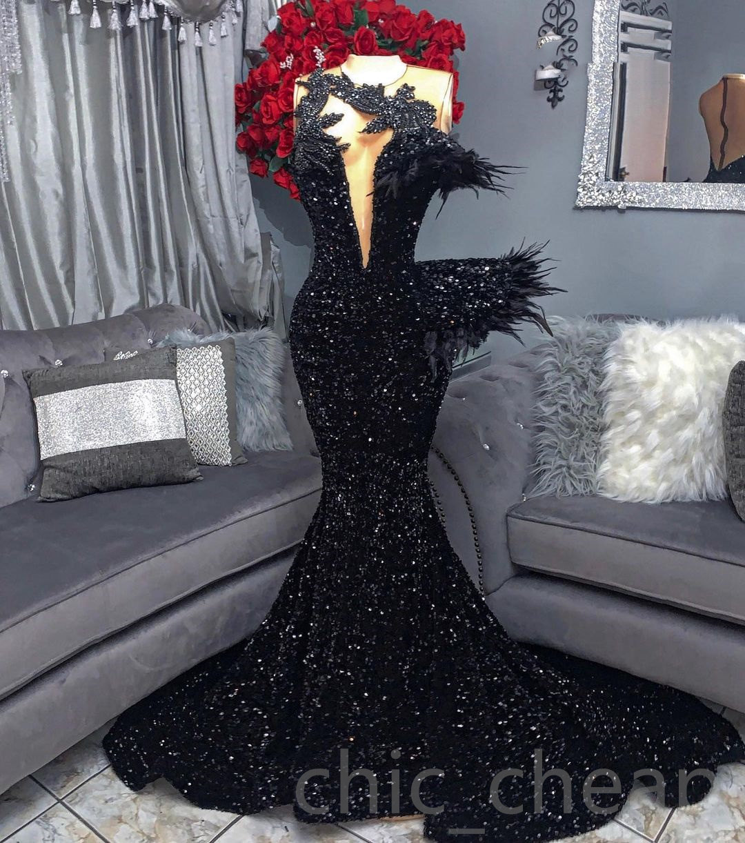 2023 Arabo Aso Ebi Black Mermaid Prom Dress Cristalli di perline Sexy Evening Party Formale Secondo ricevimento Compleanno Abiti di fidanzamento Abiti Robe De Soiree ZJ0347