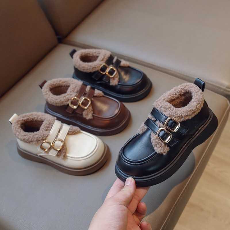 Athletic Outdoor Girls Small Leather Shoes Winter New Boys Waterproof British Style Girls Bean Shoes Warm Cotton Shoes Chaussure Enfant Fille W0329