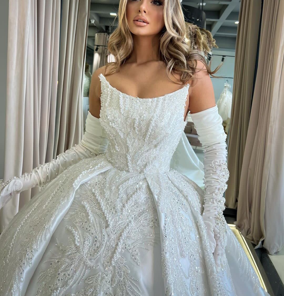 Robe de mariée de luxe, manches longues, bateau, paillettes, appliques, volants, perles, robes de mariée, diamants, robe formelle, grande taille, sur mesure