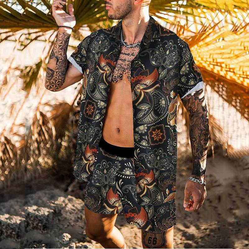 Tute da uomo New Trend Men Set hawaiani Summer Coconut Stampa Camicia a maniche corte con bottoni Pantaloncini da spiaggia Due set Casual Trip Mens Suit W0329