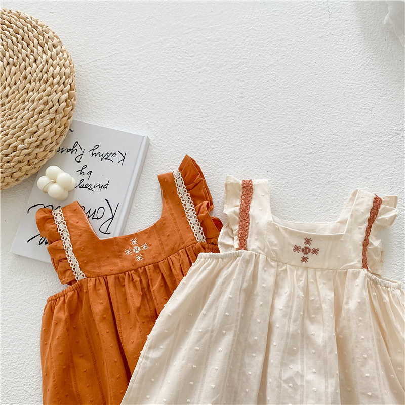 Robes de fille Robe d'été de style coréen pour bébé fille manches évasées beige orange col carré genou-longueur princesse robe enfant vêtements E3100