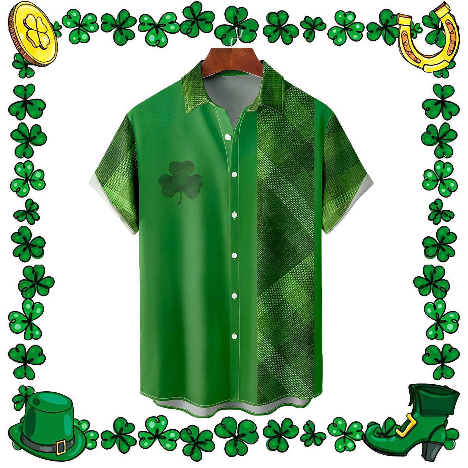 Men's Casual Shirts Irish Shamrock Shirt Vacation St Patricks Day Casual Shirts Blouses Short-sleeved Stylish Oversized Shirts W0328