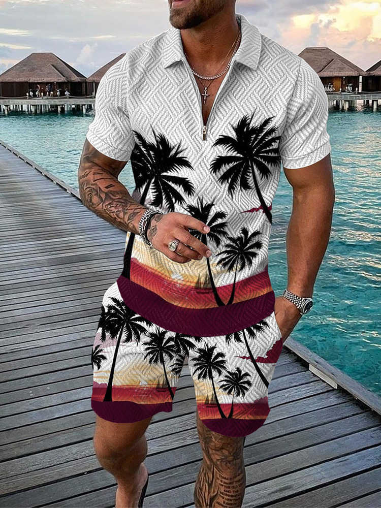 Men's Tracksuits Men's Tracksuit Casual Summer Short Sleeve Polo Shirt and shorts Suit two-Piece Set Male Clothing Beach Coconut Tree Clothes Man W0329