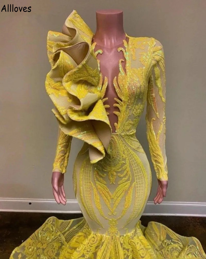 Daffodil Yellow Mermaid Prom Dresses Dubai Arabic Sequined Lace Ruffles Vintage Formella aftonklänningar Slim och Flare Long ärmar Secial Eccident Party Dress CL2100