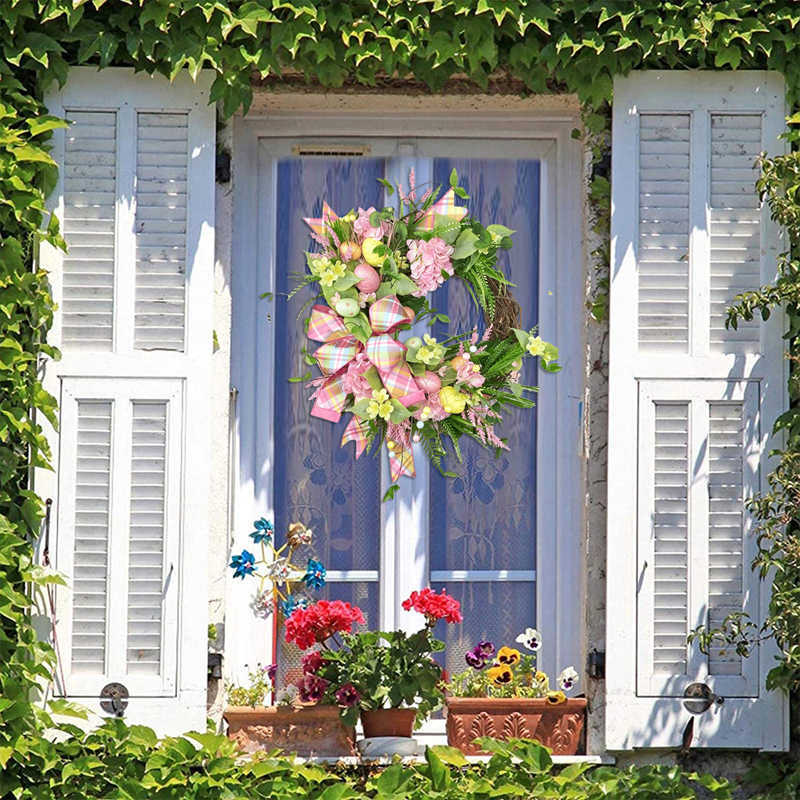 Couronnes de fleurs décoratives Pâques pour porte d'entrée Oeufs colorés Rotin Bowknot Ornements de fête artificiels Décorations de fête à la maison P230310