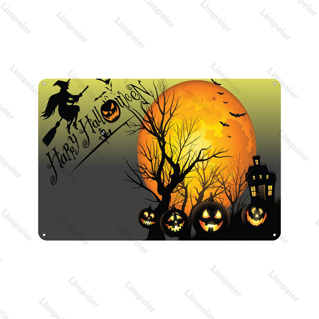 Happy Halloween Metal Painting Plaque Retro Art Poster Black Cat Pumpkin Lantern Castle Sign for Club Home Decoration Plate 30X20cm W03