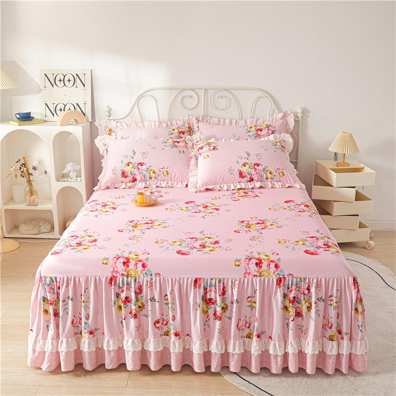 Kwiatowa spódnica łóżka 100% bawełniana łóżko królowa King rozmiar High End Ruffle Princess Home Home Mattress Cover Arkusz pościel: 1 łóżko z 2 poduszkami