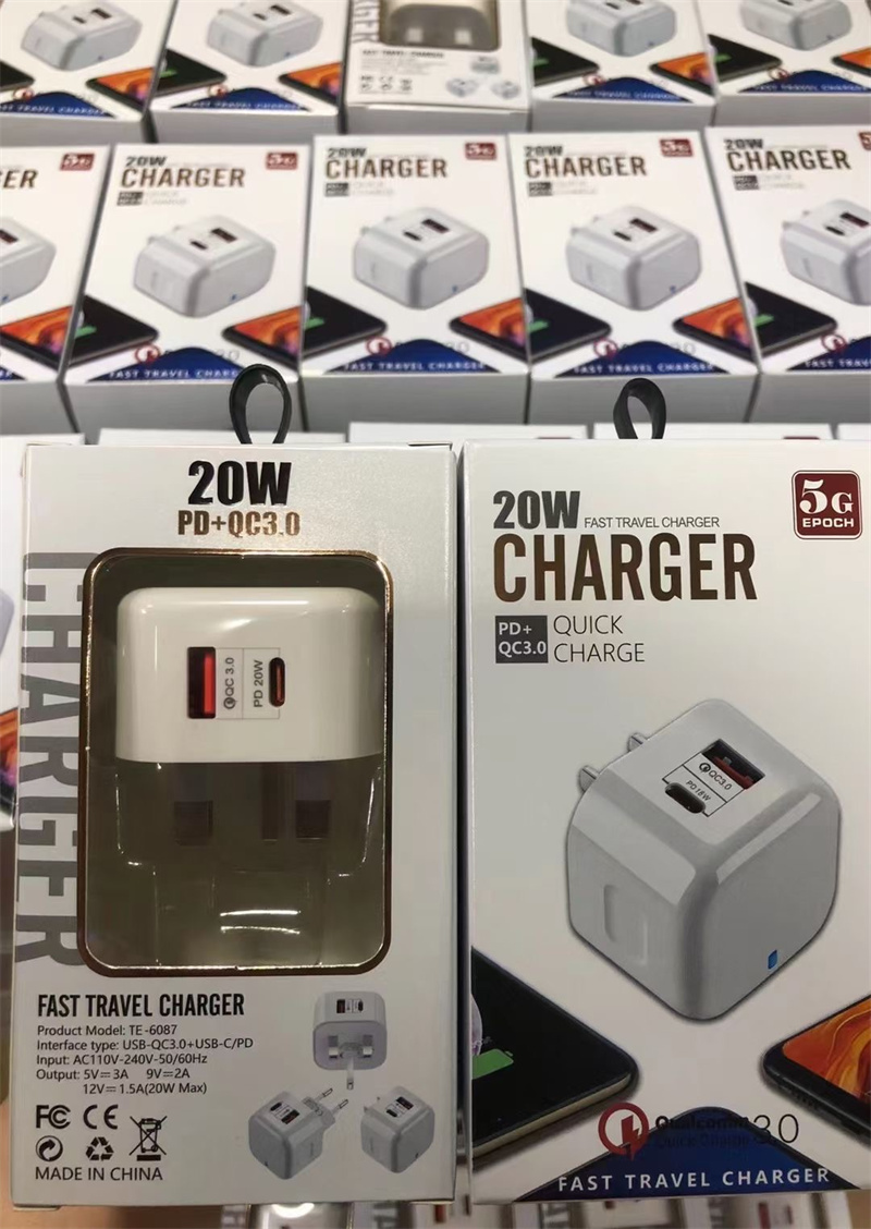 2 porty QC3.0 Typ C ładowarka PD 20W Szybka ładowarka USB-C Szybka ładowanie ściany podróży Adapter moc dla iPhone 12pro Max z pudełkiem