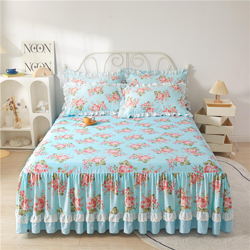 Gonna da letto con stampa floreale Copriletto in cotone 100% Queen King Size High End Ruffle Princess Home Coprimaterasso in pizzo Set di biancheria da letto: 1 gonna con 2 federe