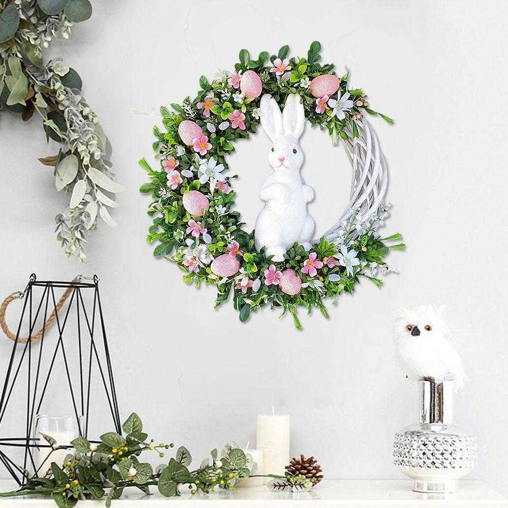 Flores decorativas Wreaths Rabbit de Páscoa com ovos coloridos Flor artificial acrílica da primavera para decoração da porta da frente P230310