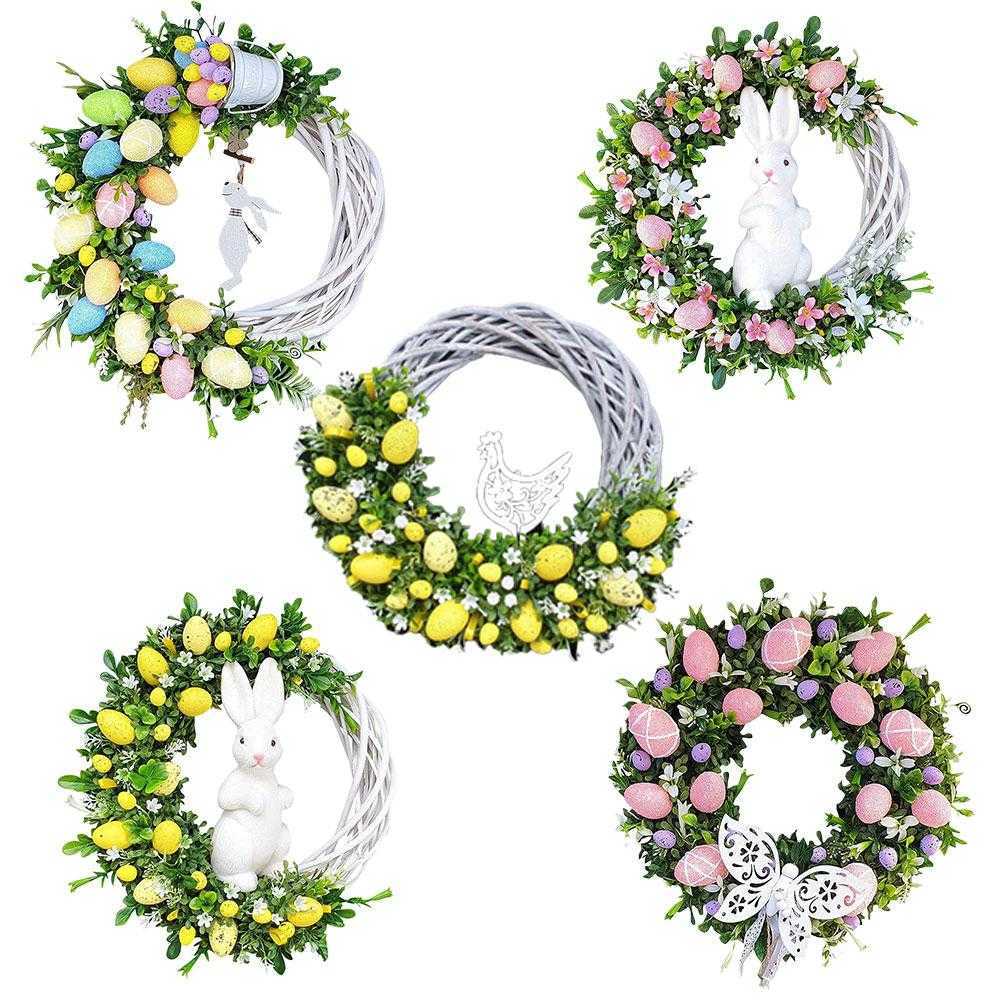 Flores decorativas Wreaths Rabbit de Páscoa com ovos coloridos Flor artificial acrílica da primavera para decoração da porta da frente P230310