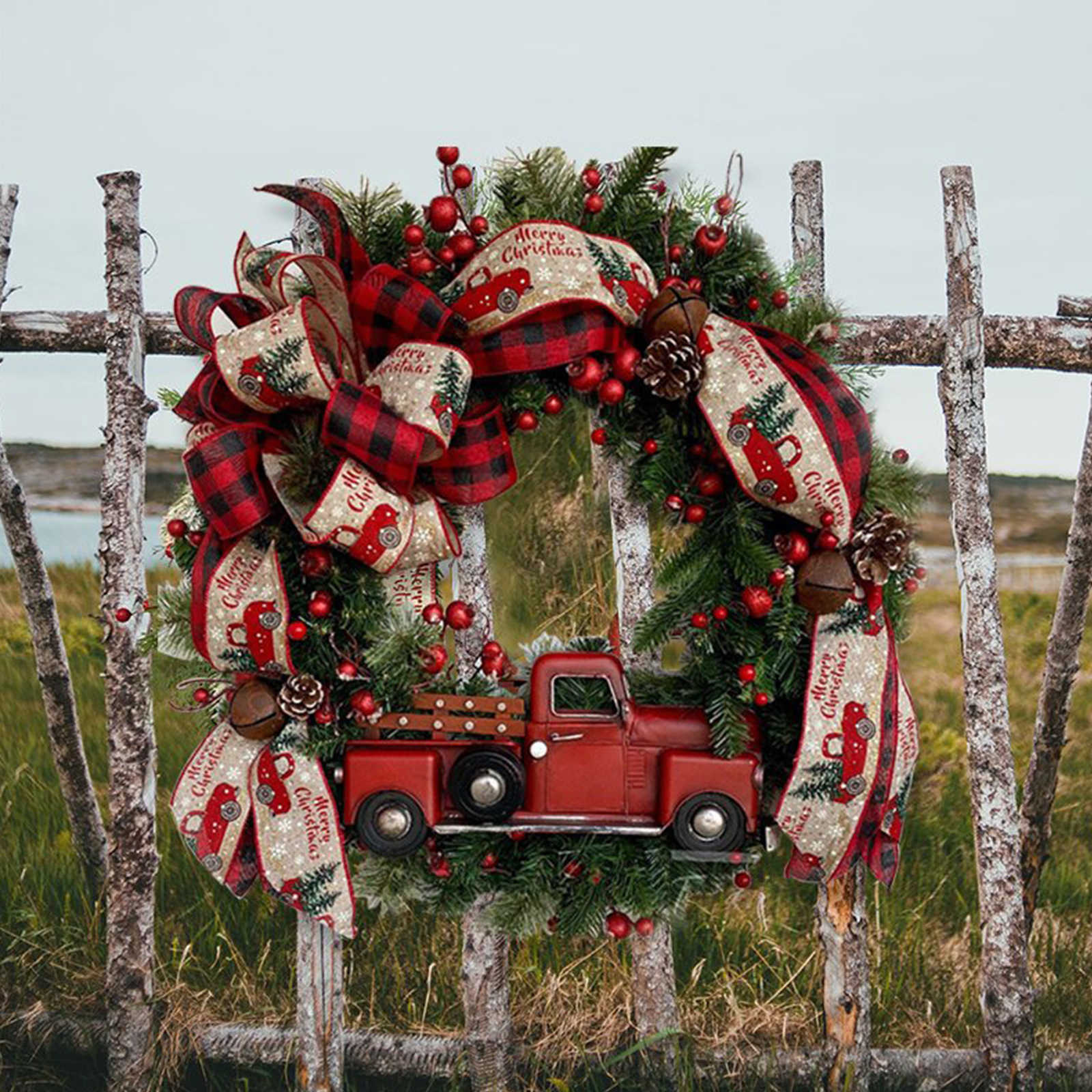 Dekoratif Çiçek Çelenkleri Noel Çelenk Yapay Rattan Çam Koni Bells Tatil Merry Farmhouse Çelenk Ön Kapı için Süslemeler P230310