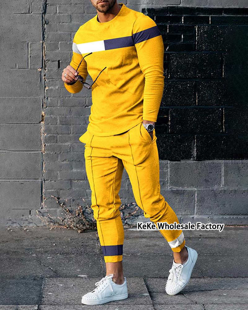 Мужские спортивные костюмы Мужской спортивный костюм с 3D-принтом в стиле пэчворк Футболка с длинным рукавом Брюки Комплект из 2 предметов Уличная одежда Повседневный спортивный костюм Мужские топы больших размеров W0328