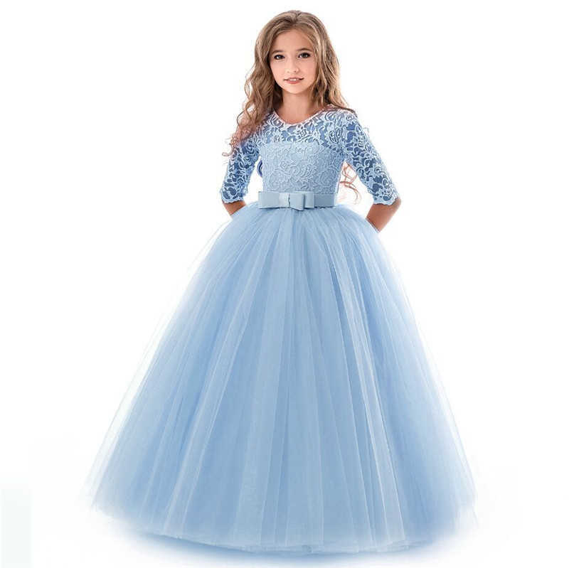 Robes de fille Fleur Fille Mariage Banquet Dentelle Longue Robe Pour Enfants Élégant Puffy Dentelle Bow Robe De Fête D'anniversaire Pageant Robe De Bal Robe Formelle