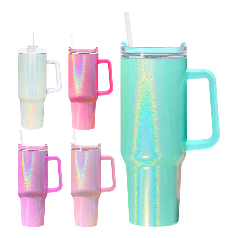 40oz sublimatie Glitter beker met handvat deksel rietje grote capaciteit Shimmer glanzende waterfles outdoor camping beker roestvrij staal vacuüm geïsoleerde reismokken