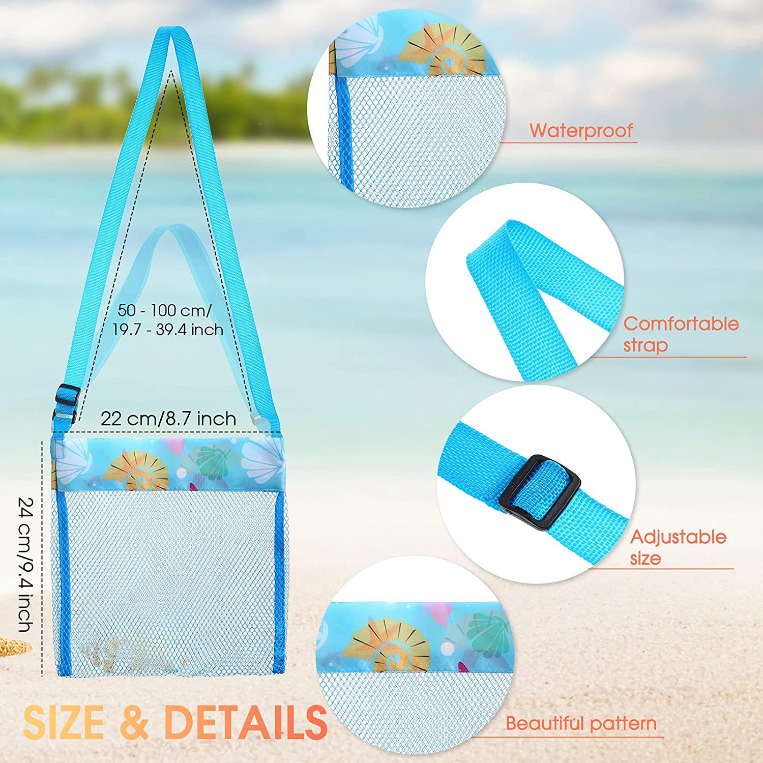 Beach Toys Bags Kids Sand Colorful Mesh Pouch Children's Shell Collection Treasures Storage Bag Beach Sand Toy Tote Adjustable Cross Body Shoulder Bags Cartoon BC553