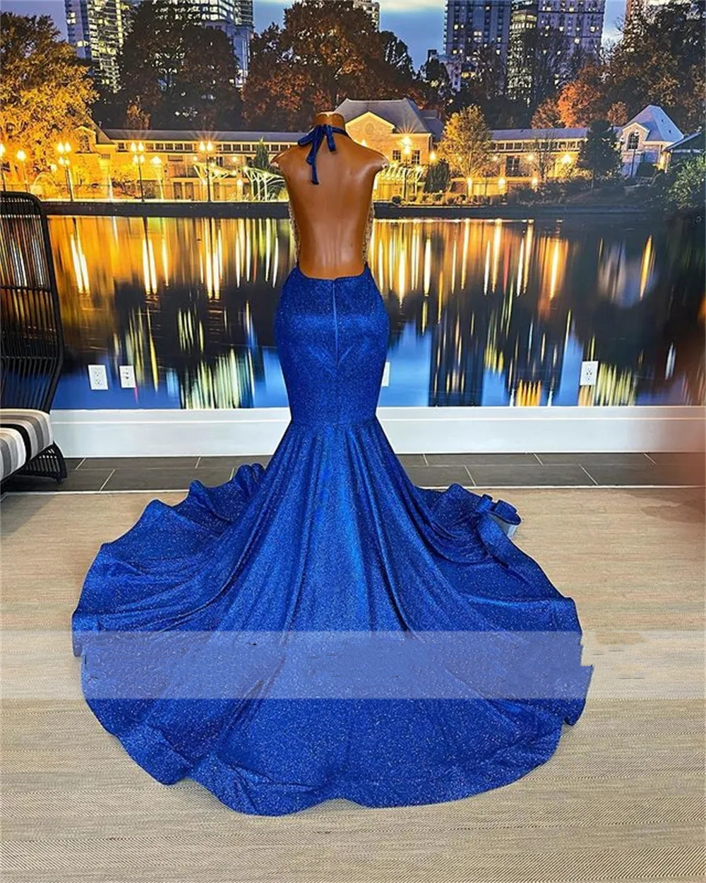 Élégant bleu royal licou robes de bal dos nu sirène africaine robe de fête d'anniversaire argent cristal perles robes formelles vestidos