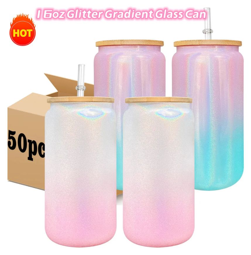 Sublimazione 16 once Glitter Gradiente Vetro Can Tumbler Creativo Paillettes Forma Bottiglia con Coperchio e Cannuccia Estate Drinkware Mason Jar Ju2456