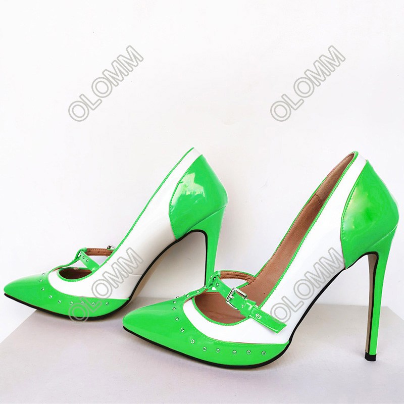 Olomm New Women Pumps T-strap Patent Leather Studs Stiletto Heel Pointed Toe Gorgeous Multi Dress Party Shoes Women US Size 5-15