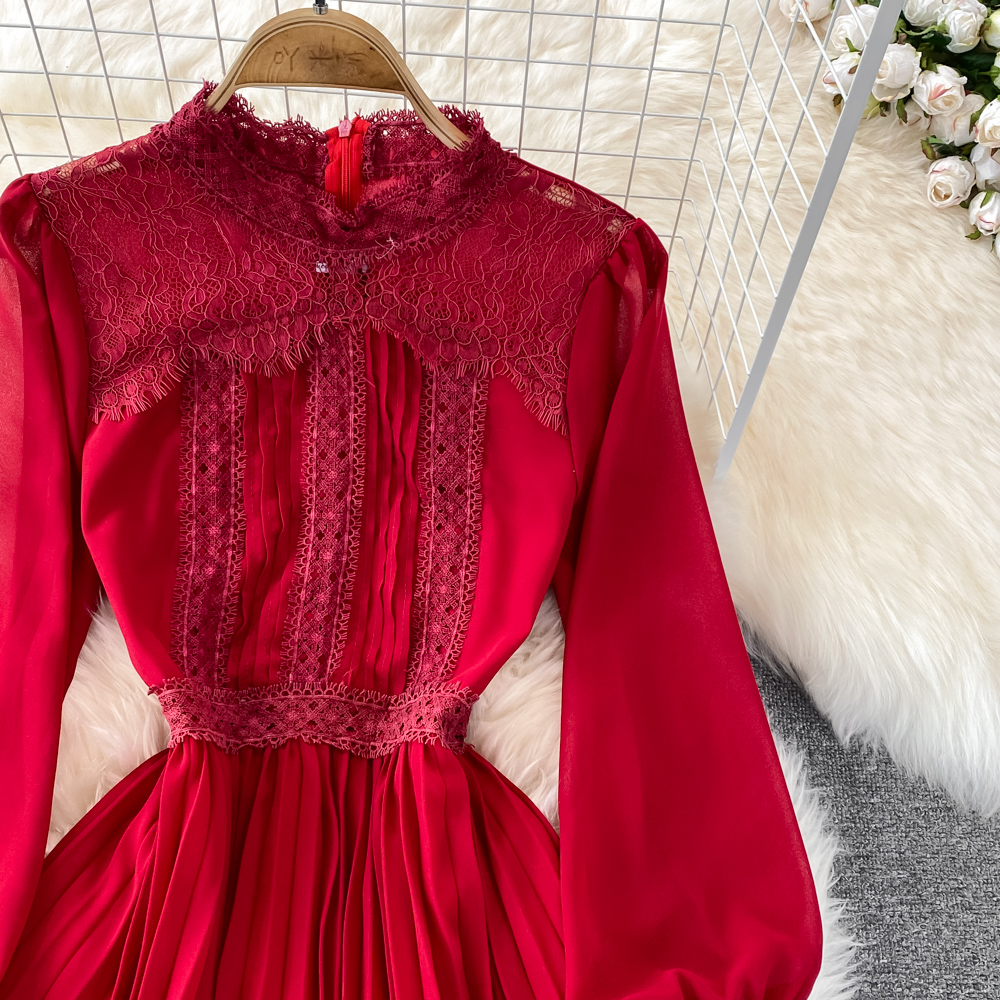 Rosa neue beiläufige Kleider Frühlings-Herbst-festes dünnes volles Dame-Kleid A-Linie O-Ansatz-Chiffon-Pullover-hohe Taillen-Mitte-Waden-Frauen-Kleider 2023