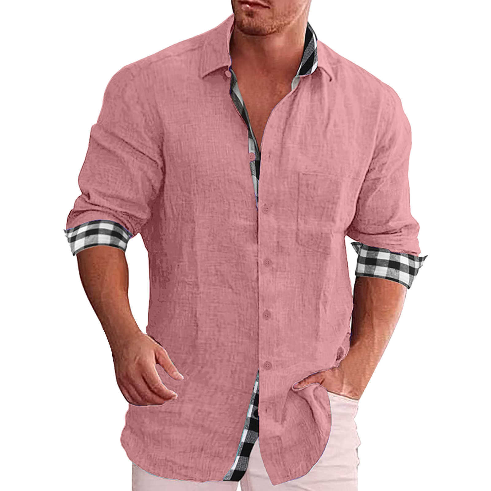 Camicie casual da uomo Camicia da uomo in cotone quotidiano in lino a quadri Patchwork Camicie eleganti sociali Manica lunga Hippie Maglietta da spiaggia casual con bottoni Camicetta maschile W0328