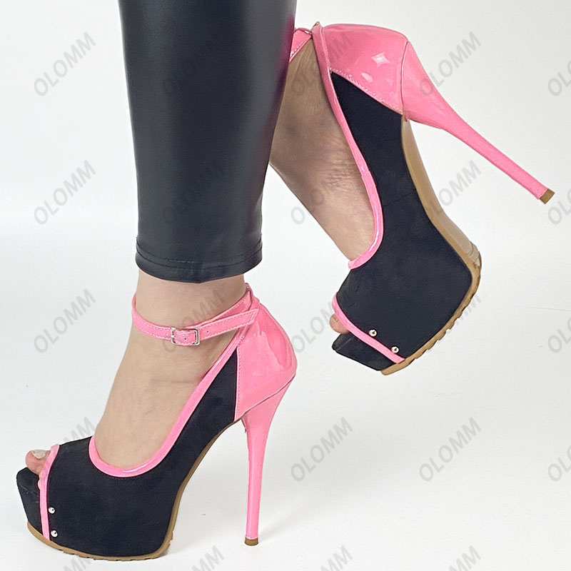 Olomm Neue Damen-Plattform-Pumps, Knöchelriemen, Wildlederimitat, Stiletto-Absätze, Peep-Toe, schöne Fuchsia-Partyschuhe, Damengröße 5–20