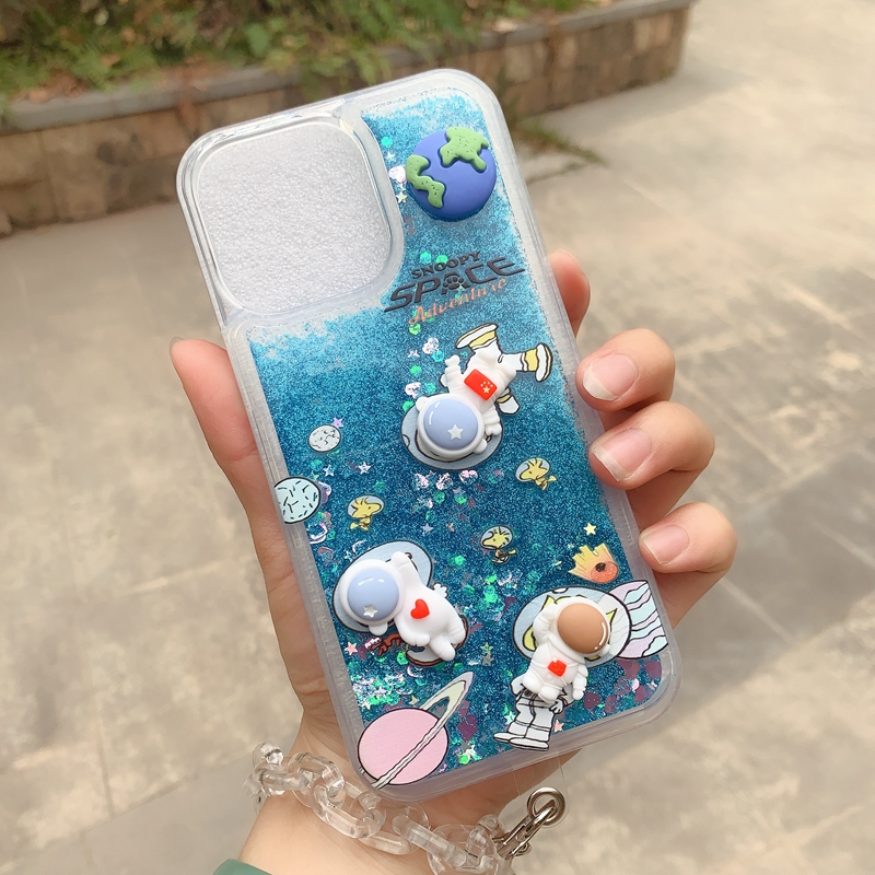 3D宇宙飛行士のQuicksand and for iPhone 15 14 13 Phone15 12 11 Pro Max Xr XS 8 7 Rocket Bling Heart Love Glitter Sparkle Floating Clear Liquid Soft TPU電話カバーストラップ