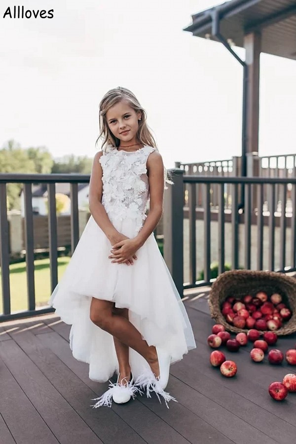 Abiti da ragazza di fiore in pizzo piuttosto floreale la festa di nozze Tulle alto basso Una linea abiti da compleanno formali corti bambine Vestito da prima comunione bambini CL2112