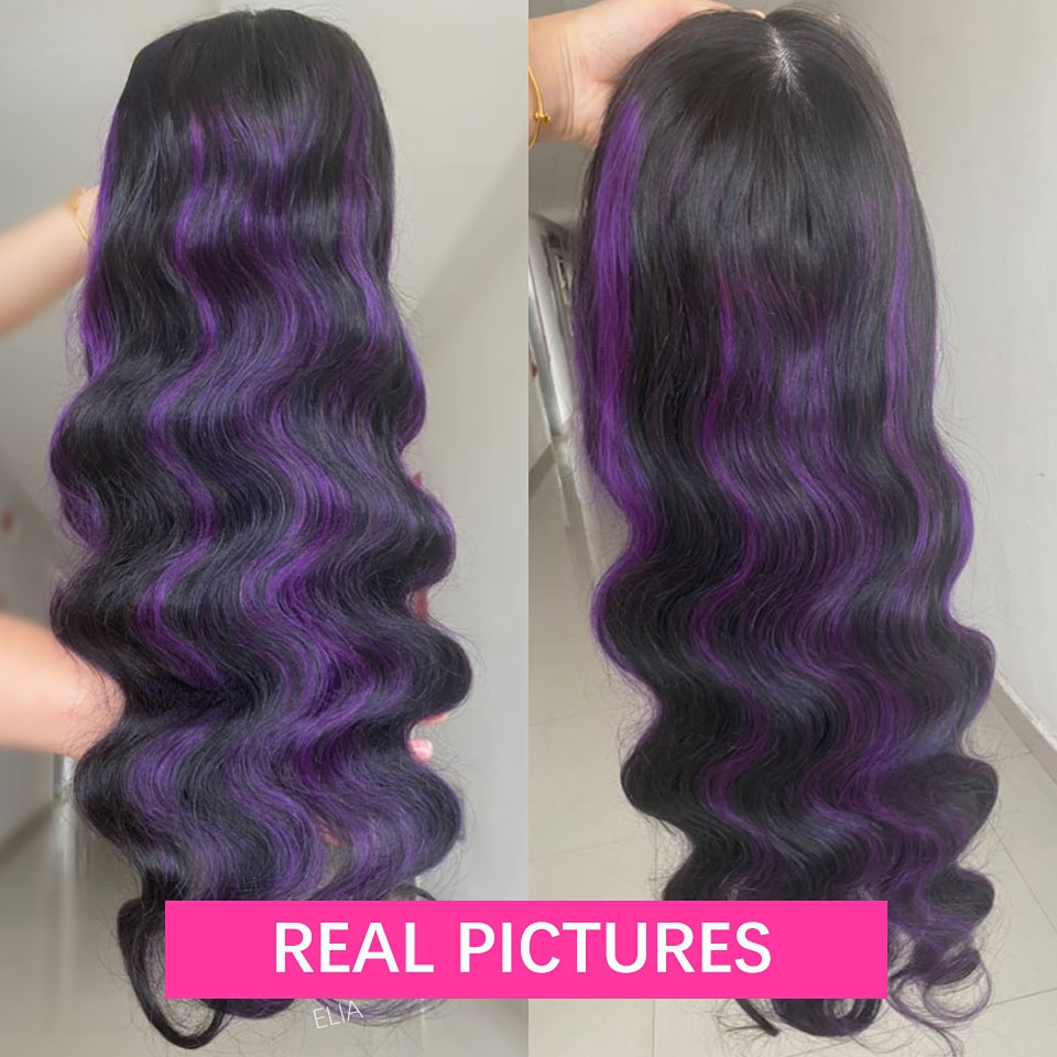 Highlight Purple Lace Front Wig Human Hair For Black Women Transparent Lace Body Wave Synthetic Wig Preplucked 